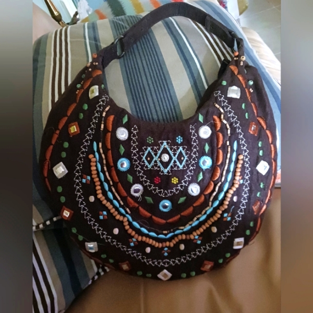 Chateau Pre-owned mini Hobo bag Brown Felt Embellished Bling Purse Boho